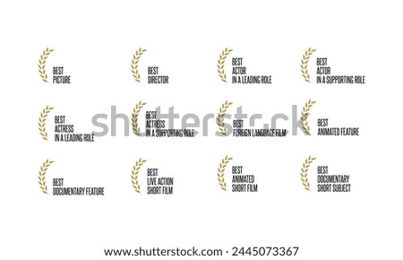 Movie award nominations and winners - best film, actor, actress, director, short, documentary, animation - black, golden and white laurel and text vector icon set
