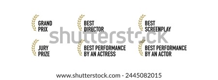 Film festival award nominations and winners - best director, actor, actress, screenplay, jury prize, grand prix - black, golden and white laurel and text vector icon set