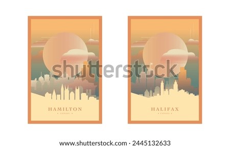 Hamilton and Halifax city poster pack with skylines, cityscapes vector illustration. Canada travel set, brochure, flyer, leaflet, business presentation templates 