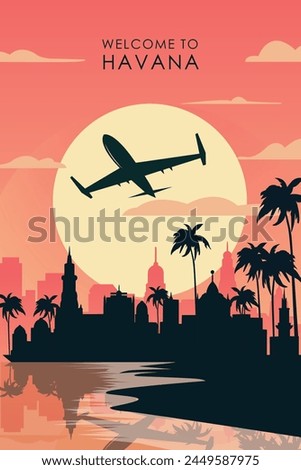 Welcome to Havana, Cuba. Retro city poster with abstract shapes of skyline, buildings, plane flying over shore. Vintage South America travel vector illustration