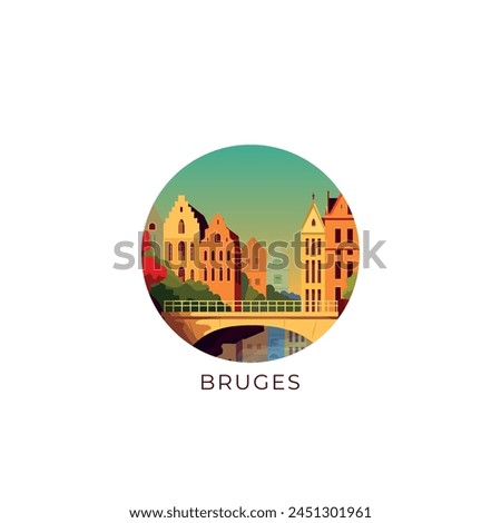 Bruges cityscape, vector badge, flat skyline logo, icon. Belgium city round emblem idea with landmarks and building silhouettes. Isolated graphic