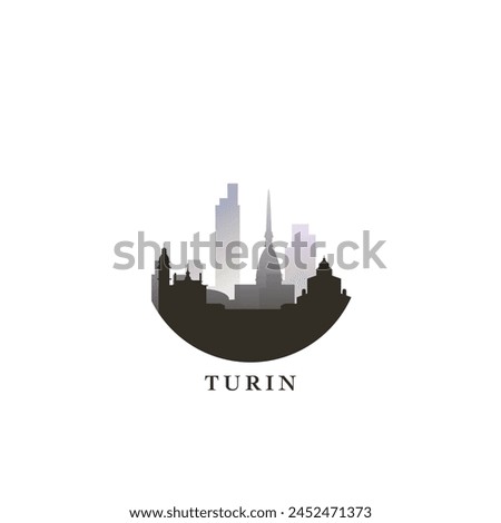 Turin cityscape, gradient vector badge, flat skyline logo, icon. Italy city round emblem idea with landmarks and building silhouettes. Isolated graphic