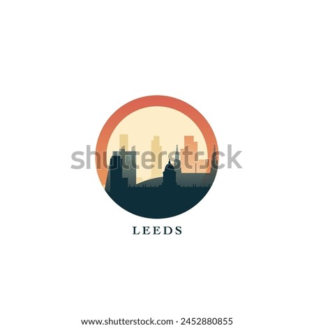 UK Leeds cityscape, gradient vector badge, flat skyline logo, West Yorkshire icon. England, United Kingdom city round emblem idea with landmarks and building silhouettes. Isolated graphic