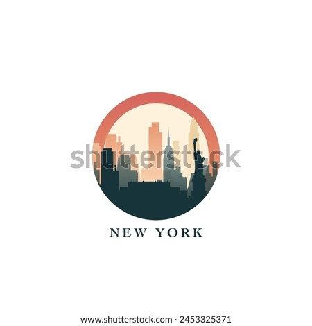 New York cityscape, vector gradient badge, flat skyline logo, icon. USA, NYC state city round emblem idea with landmarks and building silhouettes. Isolated abstract graphic