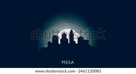 Mesa cityscape skyline city panorama vector flat modern banner illustration. USA, Arizona state emblem idea with landmarks and building silhouettes at sunrise sunset night