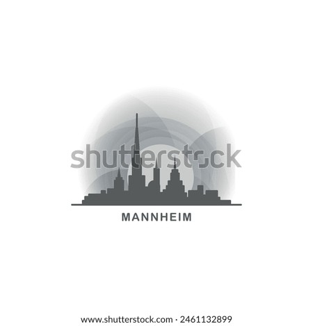 Mannheim cityscape skyline city panorama vector flat logo, modern icon. Germany landmarks and building silhouettes, isolated clipart at sunset, sunrise, night grey