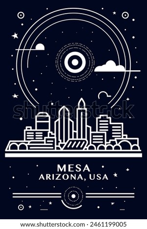 Mesa, Arizona, USA city creative poster with abstract thin line cityscape and skyline. Chalkboard style vector black and white illustration, vertical graphic for United States of America