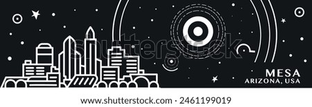 Mesa, Arizona city thin line style banner with black and white cityscape and skyline. Chalkboard vector horizontal illustration, header, footer for USA, American state