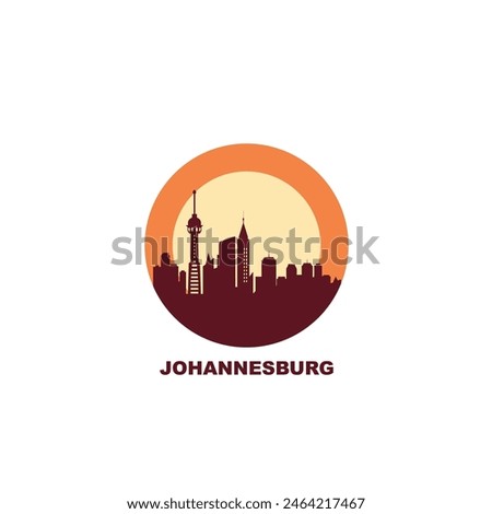 Johannesburg cityscape skyline city panorama vector flat modern logo icon at sunrise, sunset. South Africa travel image with landmarks and building silhouettes. Isolated round shape emblem graphic