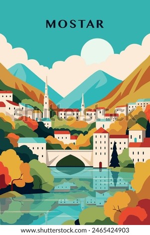 Mostar retro city poster with abstract shapes of skyline, buildings. Bosnia and Herzegovina town vintage travel vector illustration with cityscape