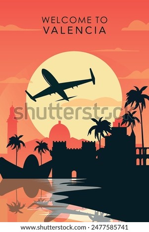 Welcome to Valencia, Spain. Retro city poster with abstract shapes of skyline, buildings, plane flying over. Vintage airlines travel vector illustration