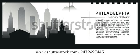 US Philadelphia skyline vector banner, black and white minimalistic cityscape silhouette. USA Pennsylvania state horizontal graphic, travel infographic, monochrome layout for website