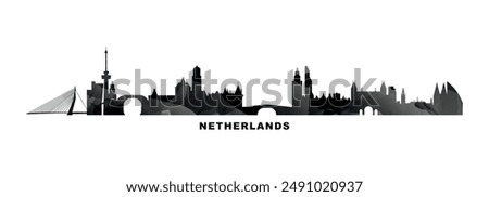 Netherlands, Holland country skyline, cities panorama. Vector banner or long logo with abstract texture.   Amsterdam, Rotterdam, The Hague, Utrecht silhouette, isolated graphic