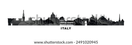 Italy country skyline, cities panorama. Vector banner or long logo with abstract texture. Milan, Rome, Turin, Naples, Catania silhouette, isolated graphic