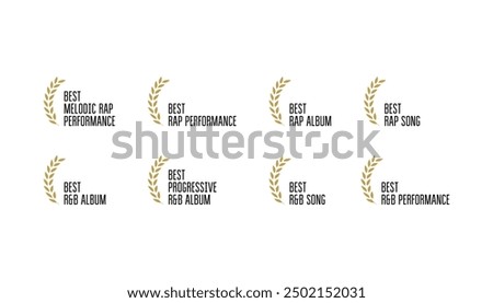 Music award logo vector set: rap and rnb song, album, performance of the year. Golden badge collection with wreaths for winner