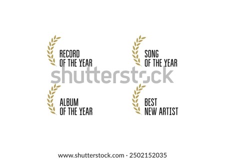 Music award logo vector set: song, album, record and new artist of the year. Golden badge collectionf with wreaths for winners