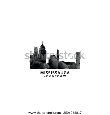 Mississauga panorama, vector badge, skyline logo and icon. Canada, Ontario province city horizon logotype with landmarks and building silhouettes. Isolated foggy abstract gradient graphic