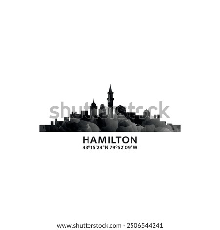 Hamilton panorama, vector badge, skyline logo and icon. Canada,  Ontario province city horizon logotype with landmarks and building silhouettes. Isolated foggy abstract gradient graphic