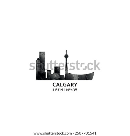 Calgary panorama, vector badge, skyline logo and icon. Canada, Alberta province city horizon logotype with landmarks and building silhouettes. Isolated foggy abstract gradient graphic