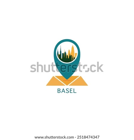 Basel city map pin point geolocation modern skyline vector logo icon isolated illustration. Switzerland pointer emblem with landmarks and building silhouettes