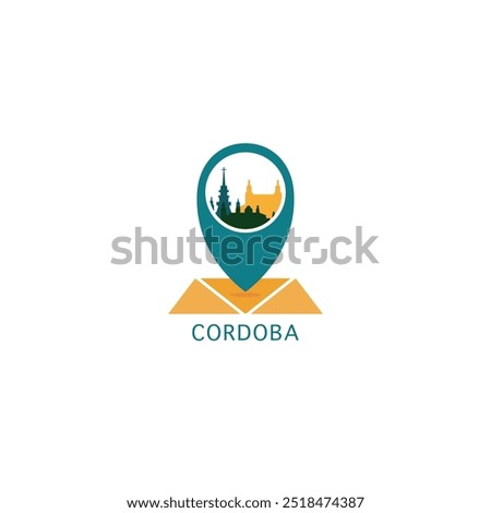 Cordoba city map pin point geolocation modern skyline vector logo icon isolated illustration. Argentina pointer emblem with landmarks and building silhouettes