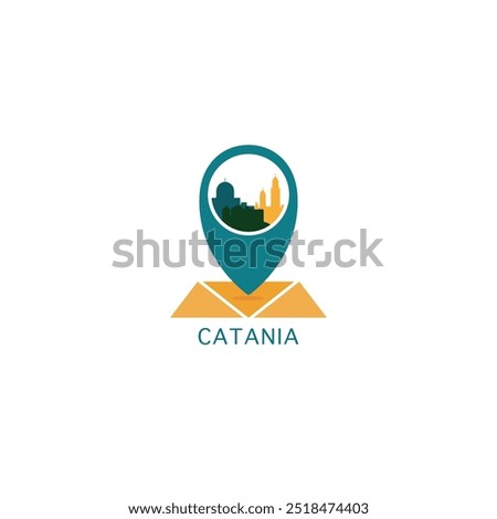 Catania city map pin point geolocation modern skyline vector logo icon isolated illustration. Italy Sicily pointer emblem with landmarks and building silhouettes