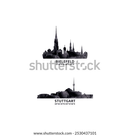 Germany cities logo and icon set. Vector graphic collection for Stuttgart, Bielefeld. Skyline, panoramic emblems 