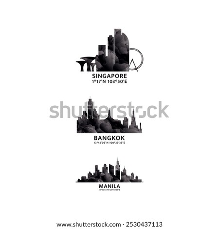 Southeast Asia region cities logo and icon set. Vector graphic collection for Bangkok, Manila, Singapore. Philippines, Thailand, Singapore capital skyline emblems