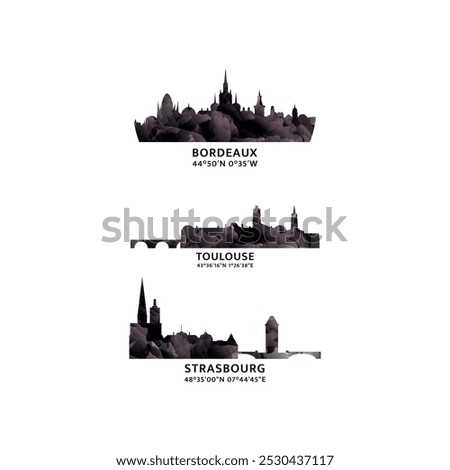 France cities logo and icon set. Vector graphic collection for Bordeaux, Toulouse, Strasbourg. Skyline, panoramic emblems 