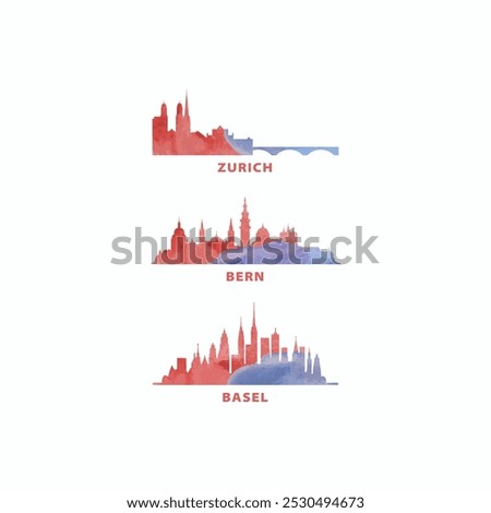 Switzerland cities skyline vector logo, icon set. Flat watercolor Zurich, Bern, Basel silhouette. Isolated graphic collection