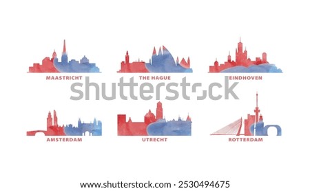 Netherlands cities skyline vector logo, icon set. Flat watercolor Amsterdam, Rotterdam, Eindhoven, The Hague, Maastricht, Utrecht silhouette. Isolated graphic collection