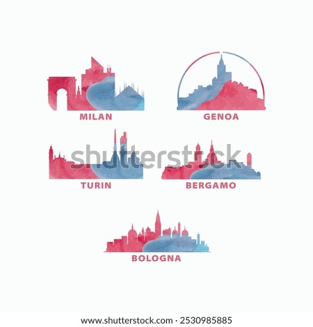 Italy cities skyline vector logo, icon set. Watercolor Milan, Bergamo, Genoa, Turin, Bologna silhouette. Isolated graphic collection