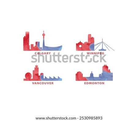 Canada cities skyline vector logo, icon set. Watercolor Calgary, Winnipeg, Vancouver, Edmonton silhouette. Isolated graphic collection of Alberta, British Columbia province