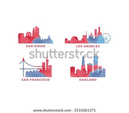 USA, United States cities skyline vector logo, icon set. California state San Diego, San Francisco, Los Angeles, Oakland silhouette. Isolated graphic America collection 