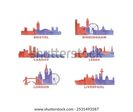 UK, United Kingdom cities skyline vector logo, icon set. Wales, Yorkshire, England, Bristol, Birmingham, Cardiff, Leeds, London silhouette collection