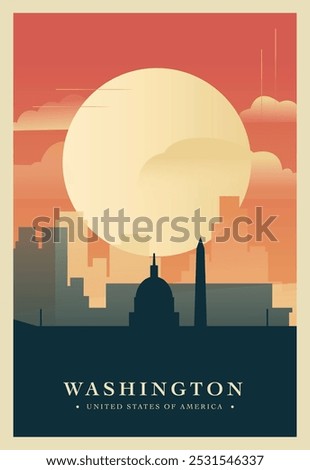 Washington city brutalism poster with abstract skyline, cityscape. USA capital district retro vector illustration. US travel front cover, brochure, flyer, leaflet, presentation template, layout image