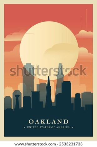 Oakland city brutalism poster with abstract skyline, cityscape. USA California state retro vector illustration. US travel front cover, brochure, flyer, leaflet, presentation template, layout image