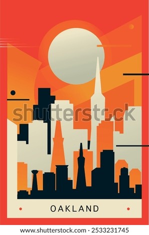 Oakland city brutalism poster with abstract skyline, cityscape. USA California state retro vector illustration. US travel front cover, brochure, flyer, leaflet, presentation template, layout image