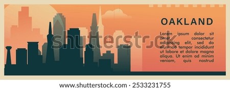 Oakland city brutalism vector banner with skyline, cityscape. USA California state retro horizontal illustration. United States of America travel layout for web presentation, header, footer