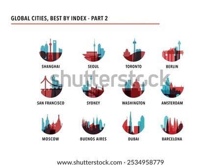 Best global cities logos, icons for infographics, index, presentation, ranking - Shanghai, Seoul, Toronto, Berlin, San Francisco, Sydney, Washington, Amsterdam, Moscow, Buenos Aires, Dubai, Barcelona