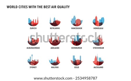 Cities with best air quality - logos, icons for infographics, index, presentation, rankings - Zurich, Reykjavik, Vancouver, Honolulu, Albuquerque, Adelaide, Edinburgh, Stockholm, Sydney, Halifax, Oslo