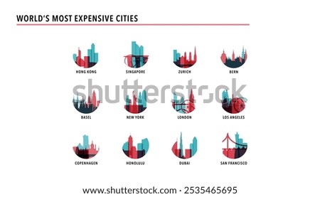 Most expensive cities logos, icons for infographics, index, presentation, ranking - Hong Kong, Singapore, Zurich, Bern, Basel, London, New York, Copenhagen, Honolulu