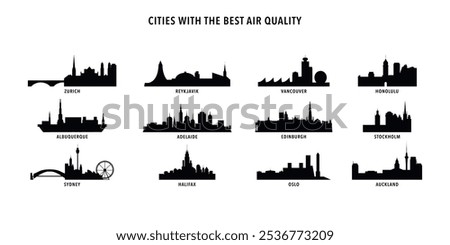 Cities with best air quality - logo, icon collection with skyline of Zurich, Reykjavik, Vancouver, Honolulu, Albuquerque, Adelaide, Edinburgh, Stockholm, Sydney, Halifax, Oslo, Auckland