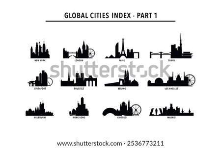 Best global cities - logo, icon pack with skylines of New York, London, Paris, Tokyo, Beijing, Brussels, Singapore, Los Angeles, Melbourne, Hong Kong, Chicago, Madrid