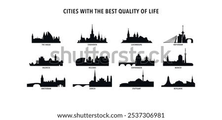 World best quality of life cities logos, icons pack with skyline of The Hague, Eindhoven, Luxembourg, Rotterdam, Valencia, Helsinki, Copenhagen, Munich, Zurich