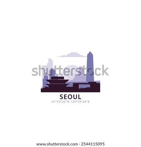 Seoul logo with skyline, cityscape retro vector icon. South Korea city horizon, facade, travel logotype