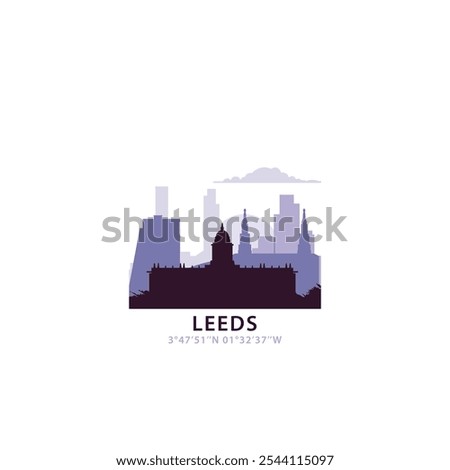 UK Leeds logo with skyline, cityscape retro vector icon. United Kingdom, England, Yorkshire travel city facade, horizon logotype