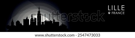 Vector Lille, France cityscape banner. Black and white placard profile picture for header, footer