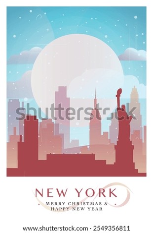 Christmas New York retro poster for winter  festives, New Year in USA. Greetings, happy holidays and merry xmas from United States of America vector postcard layout