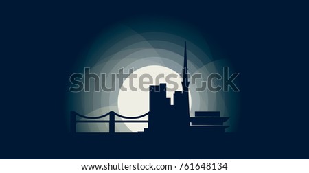 Japan capital Tokyo blue night moon sunset city panorama landscape horizon buildings skyline flat icon logo